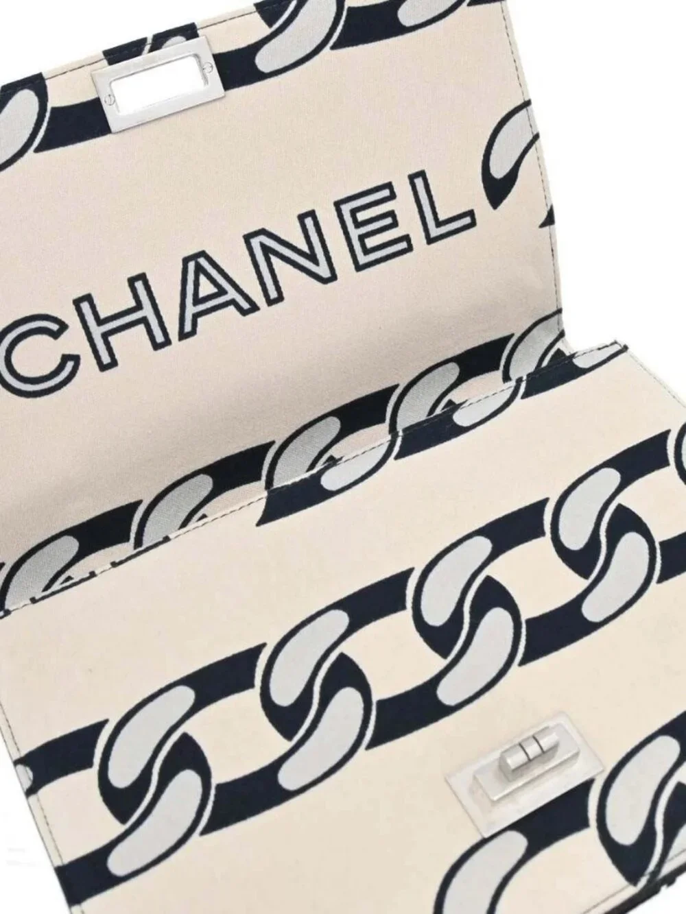 Chanel Beige Black Canvas Graphic Logo Mademoiselle Lock Shoulder Bag 168570